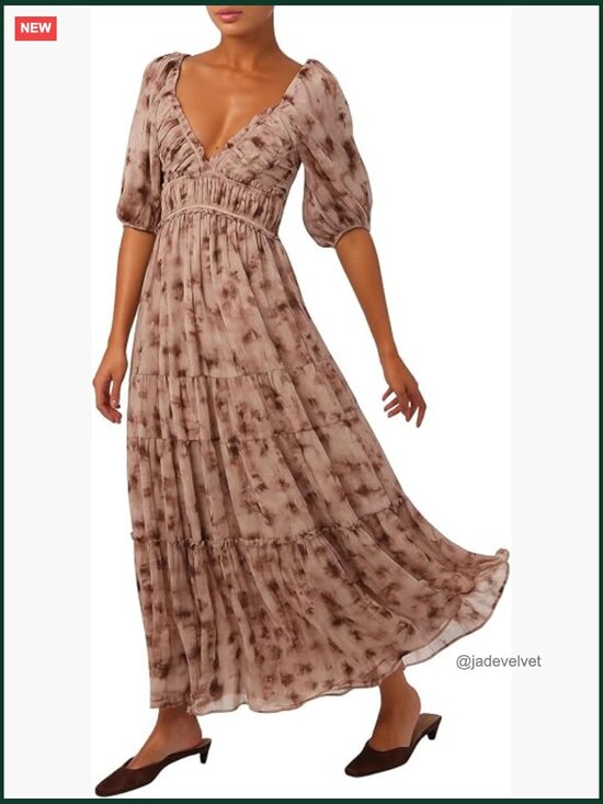 Dresses & Skirts - Ribbed Ruched Bodice Flowy Maxi Dress Puff Sleeve V-Neck